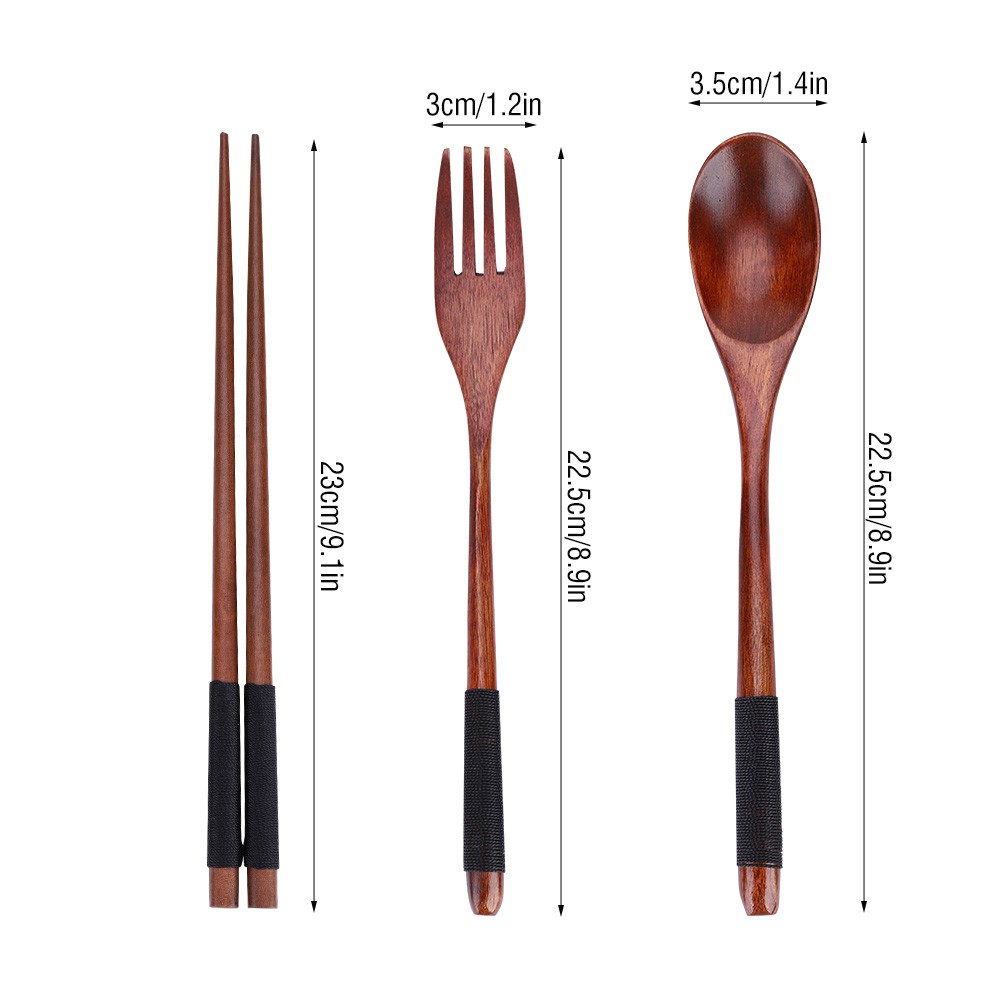 (with Black Thread)Wooden Chopsticks Spoon Fork Tableware Dinnerware 3pcs BA
