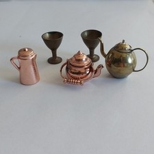 5Pc Lot Dollhouse Miniature Metal Copper Brass 2 Kettles Coffee Pot 2 Goblets