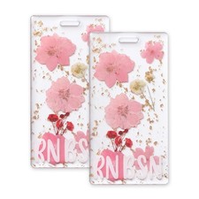 2Pcs RN Badge Card Holder, Resin Flower Name Badge ID Card Holder, Pink