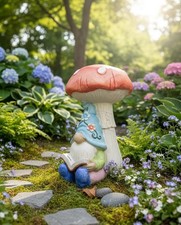 Gnomo da Giardino con Fungo e Libro Statua Decorativa Esterno Resina 40x30 cm