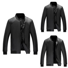 Men's Imitation Leather Jacket with Fleece Lining and Stand Collar Black