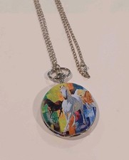Strada Silvertone Pocket Watch Painted Horses With Necklace Chain With Box Works