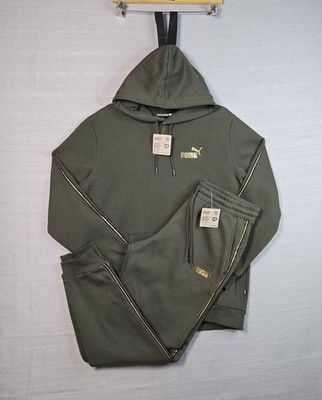 PUMA Hoodie & Jogger Pants Set Large Men Olive Green Gold Tape Fleece Essentials