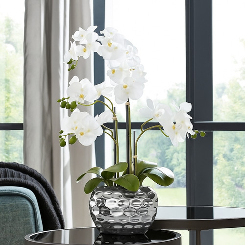 Creativ green Potted Artificial Orchid Arrangement in Silver Pot, 23" tall