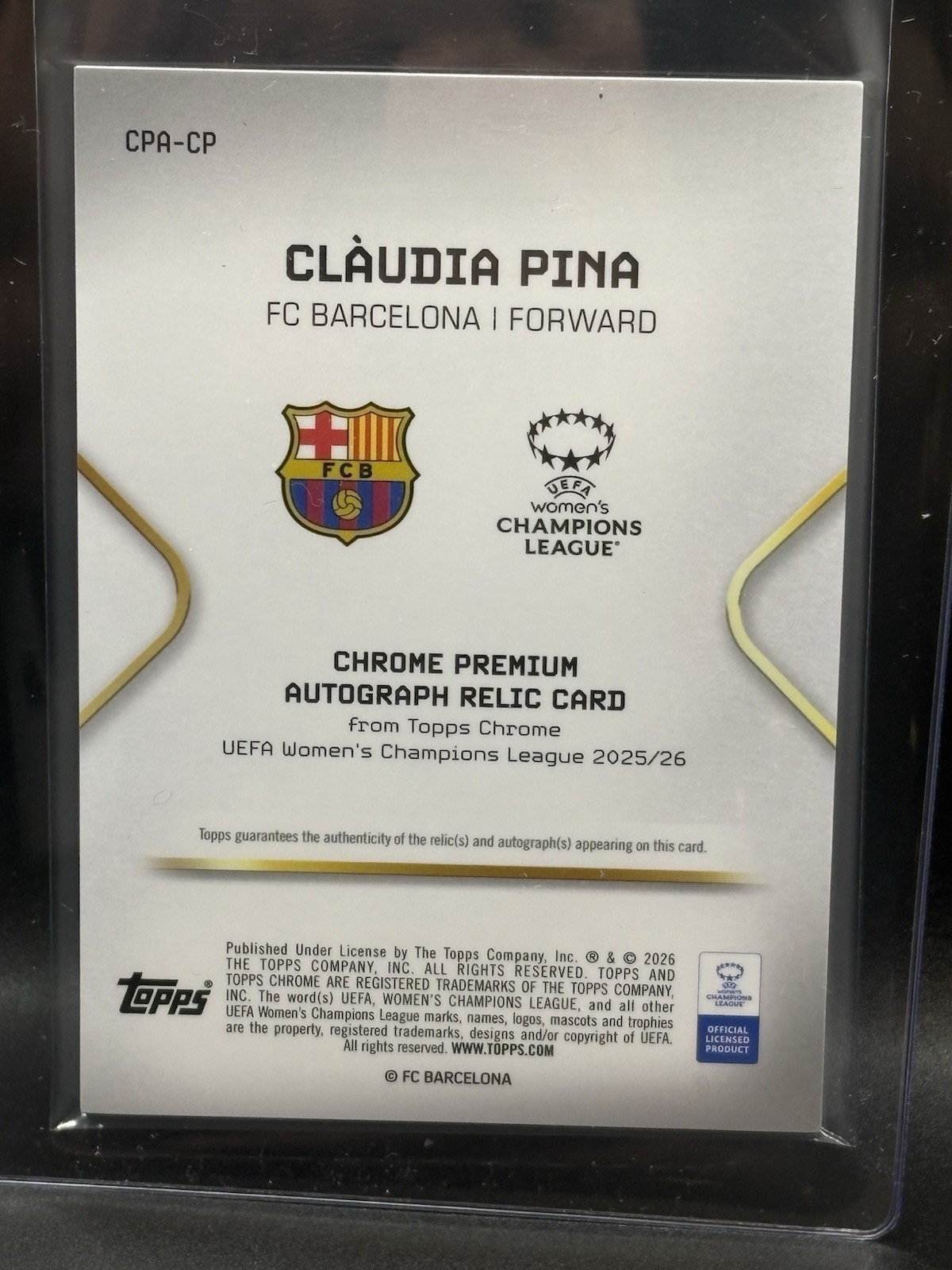 Claudia Pina /75 Purple Match-Worn Patch Auto 2025-26 Topps Chrome Womens UCC view 2