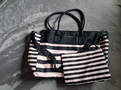 #ad Victoria#x27;s Secret Large Pink and Black Striped Weekender Bag $11.99
