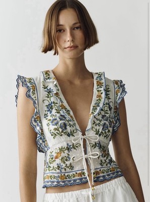 NWT FARM Rio Emily Off-white Floral Tapestry Drawstring Deep V-neck Top SZ XS