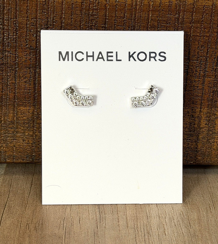 NEW ~ Michael Kors Pave Crystal Stud Signature Silver Plated Earrings NWT