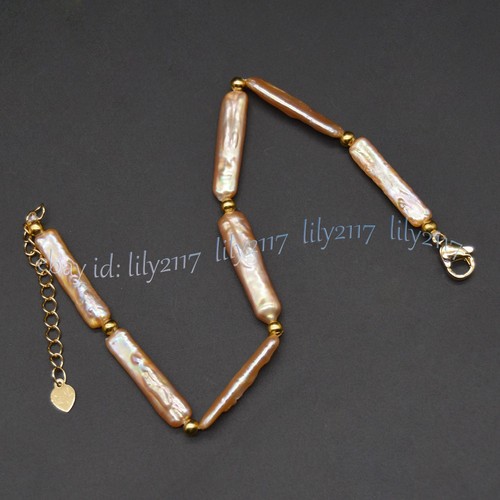 Natural Pink Freshwater Long Stick Rectangle Pearl Necklace Bracelet Earring Set - Picture 13 of 18