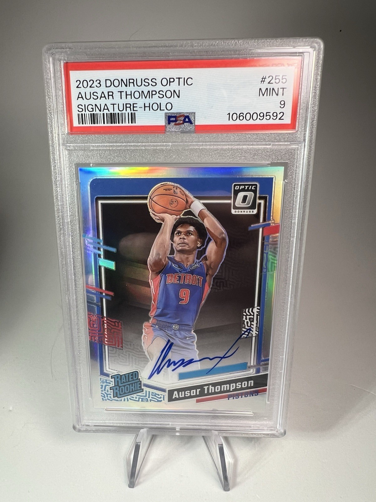 AUSAR THOMPSON 2023-24 DONRUSS OPTIC RATED ROOKIE HOLO RC AUTO PSA 9