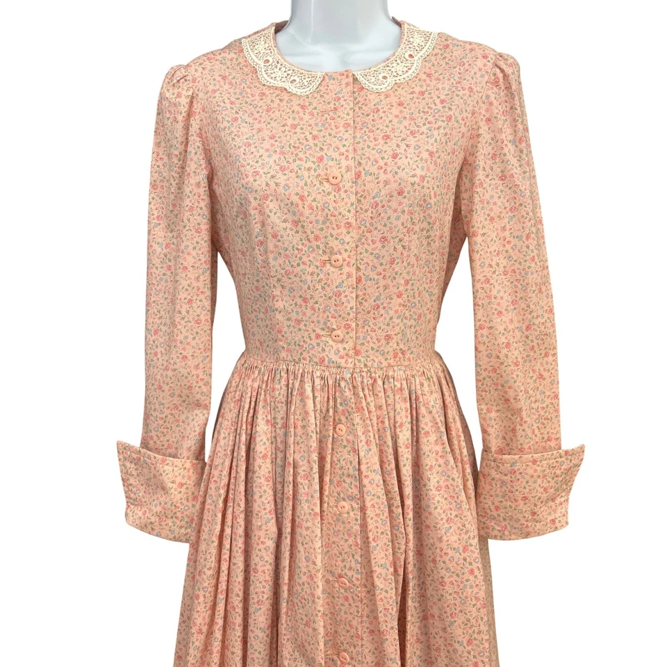 Maxi Vestido Pradera Años 80 Hecho a Mano Floral Calicó Encaje Cuello Cottagecore Vintage Foto 2 de 4