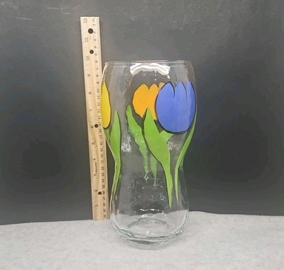 Art Glass Tulip Vase Hand Painted Flowers Blue Orange Yellow Large
