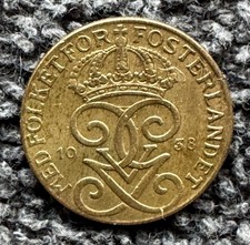 1938 Sweden 1 Ore, Gustaf V (Bronze, 2.0 g, 16 mm), VF+