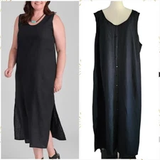 Avenue Black Linen Blend Maxi Dress Size 26/28 Sleeveless Side Slit Faux Button 