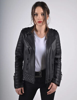 Womens Black Genuine Leather Jacket Motorcycle Quilted Biker Slim Fit 2XL - 177