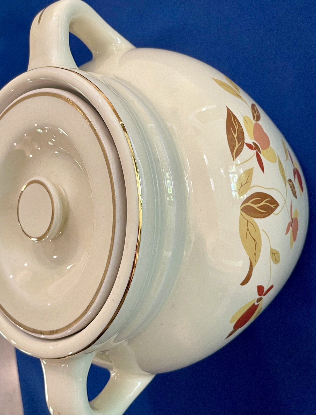 Vintage Hall China Mary Dunbar Jewel Tea Autumn Leaf 2 Handle Bean Pot