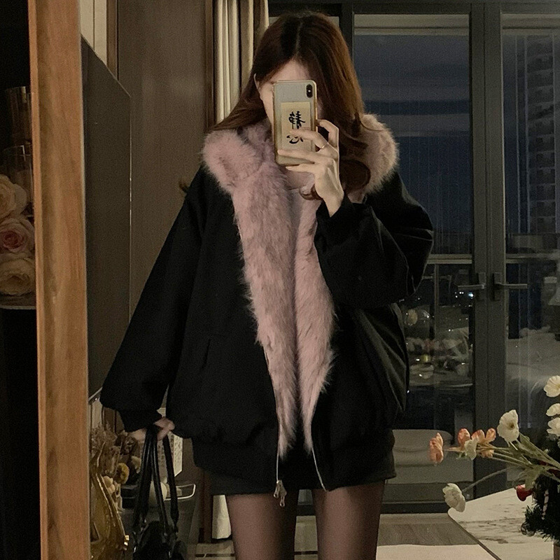 Women's 2025 Fashion Faux Fox Fur Hooded Reversible Jacket