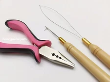 Feather Hair Extension Pink Pliers Tool KIT for Micro Beads Loop Hook 3 Hole USA