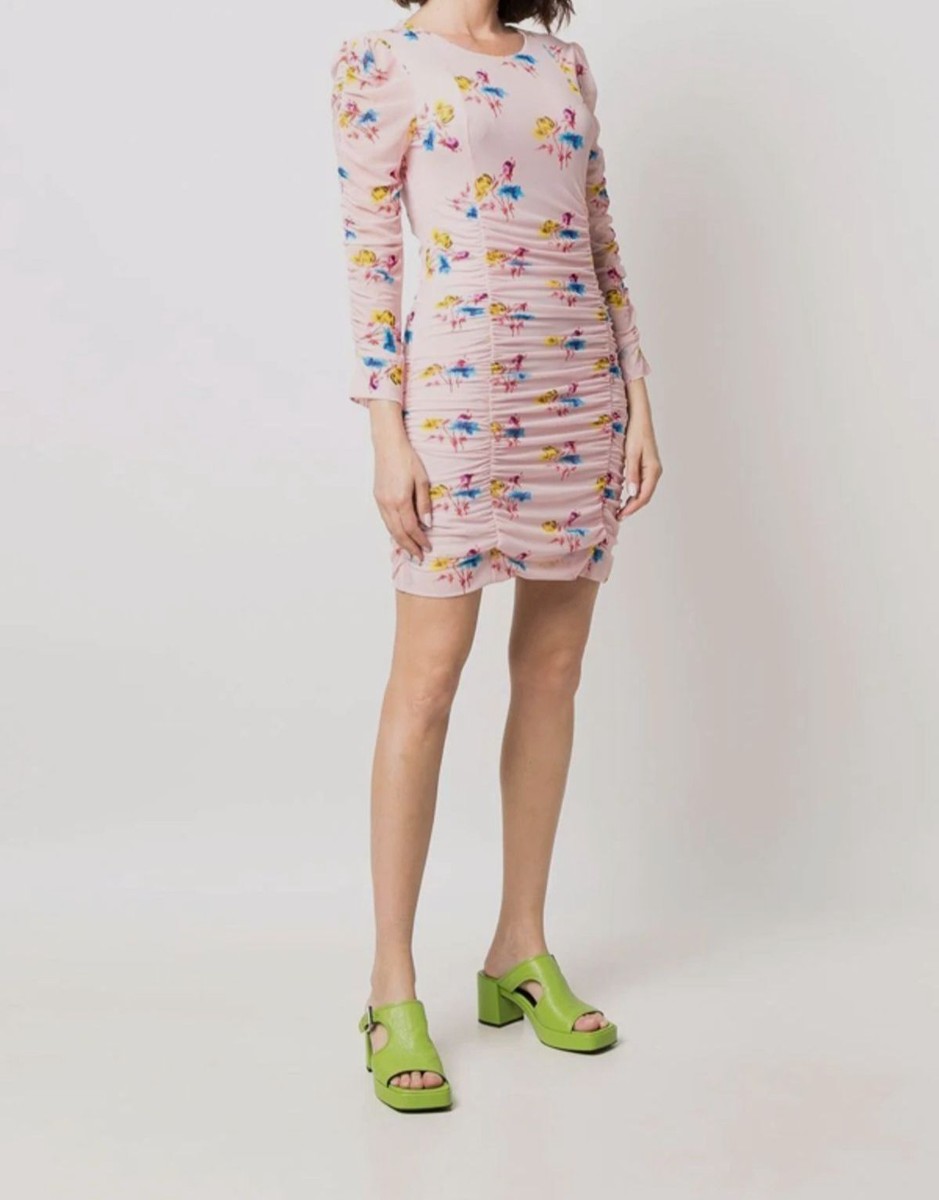$295 Ganni Women's Pink Floral Ruched Crewneck Mini Dress