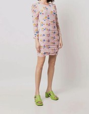 $295 Ganni Women's Pink Floral Ruched Crewneck Mini Dress Size FR 42/US 10