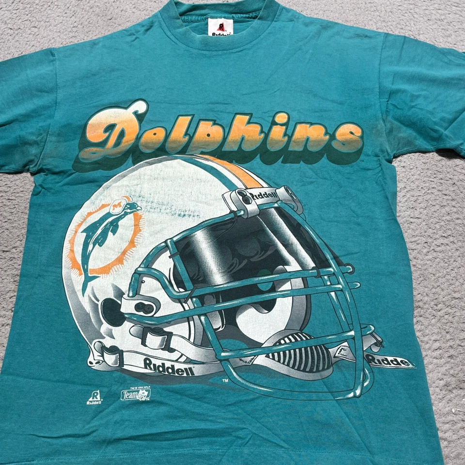Винтажная мужская футболка Miami Dolphins Lg Aqua Riddell сделано в США одинарный шов - Изображение 2 из 4