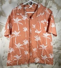 Barefoot in Paradise Hawaiian Shirt L Coral Salmon Palm Tree Aloha Island