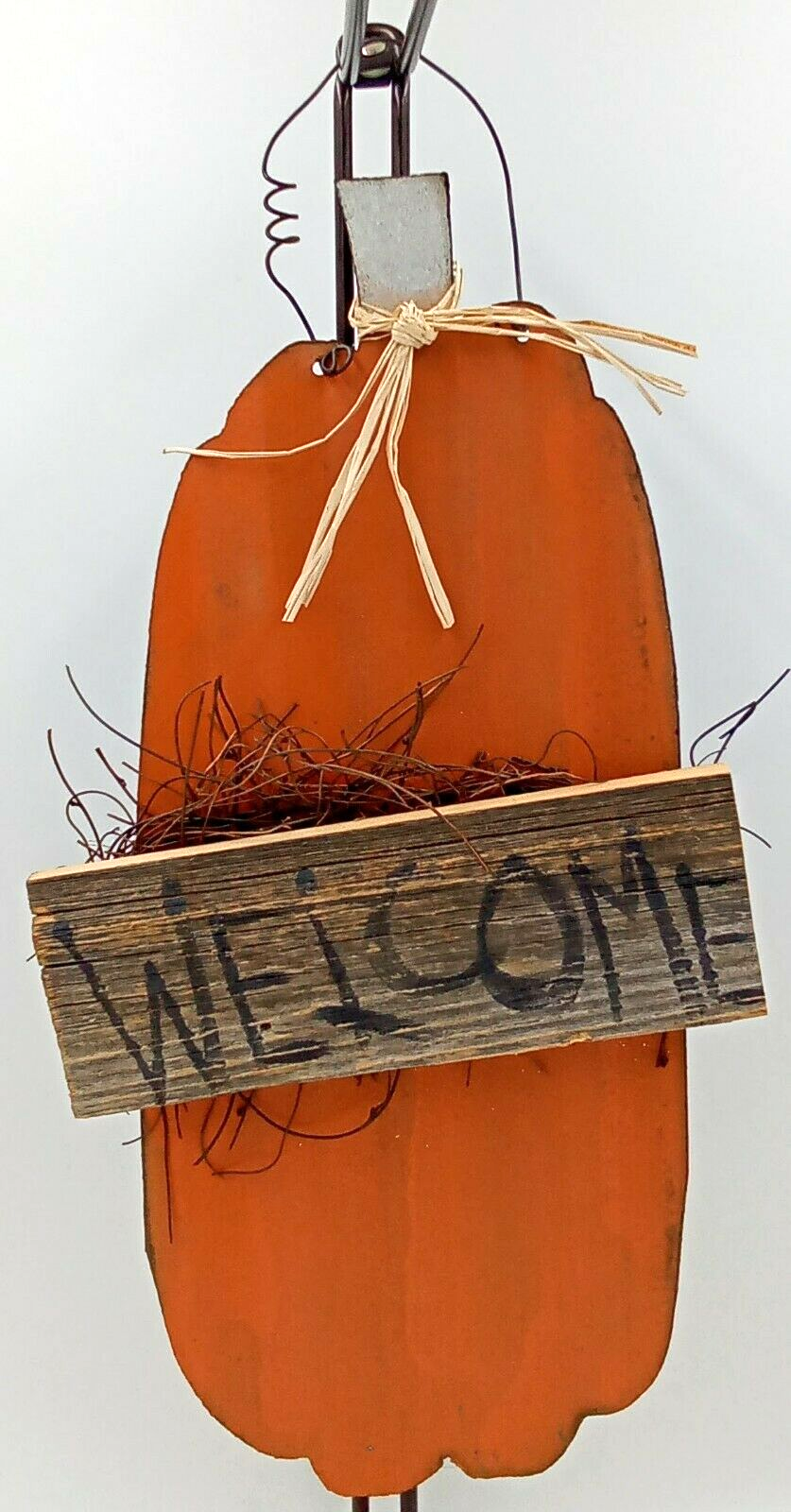 Pumpkin Metal Wood Sign Welcome Wire Hanger Orange Black Raffia Tie Branch 19.5