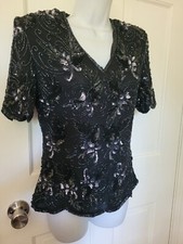 VINTAGE 80'S STENAY WOMEN'S 100 SILK BLACK BEADED AND SEQUIN TOP SZ S Small
