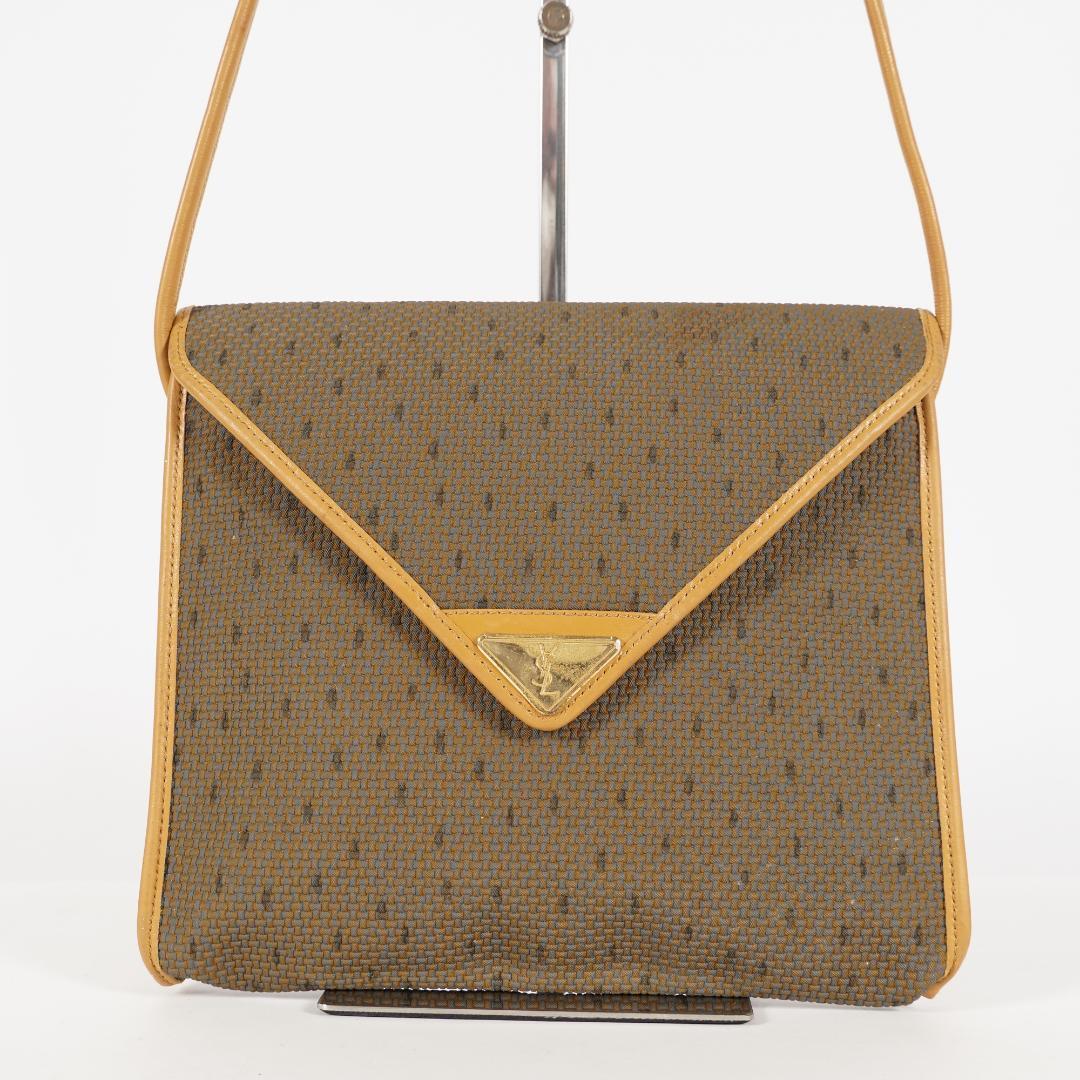 YSL Leather Clutch Bag in Brown & Yellow with Logo Yves Saint Laurent 25298648015