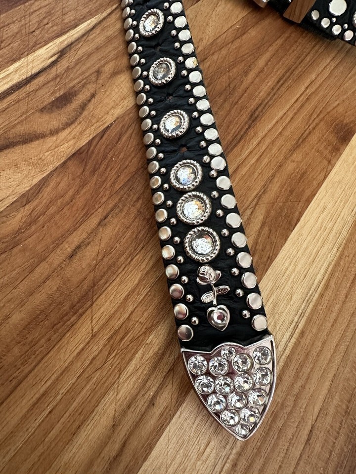 Vintage Womens Kippy Belt w/Swarovski Crystal Black Leather Belt Sz 32