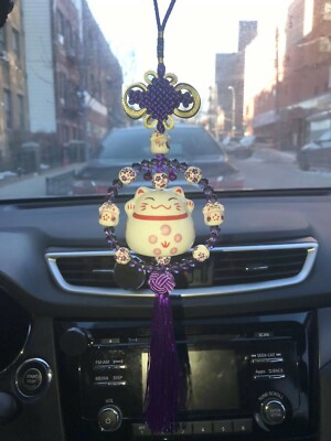 Maneki Neko Lucky Cat Fengshui Pendant Purpl Beading Car Rearview Mirror Pendant