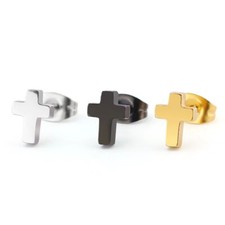 Surgical Steel Silver Gold Black Small Cross Ear Stud Earrings Mens Womens 2Pcs