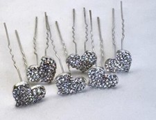 Crystal Bride Wedding Hair Pins Silver Set of 6 Solid Heart