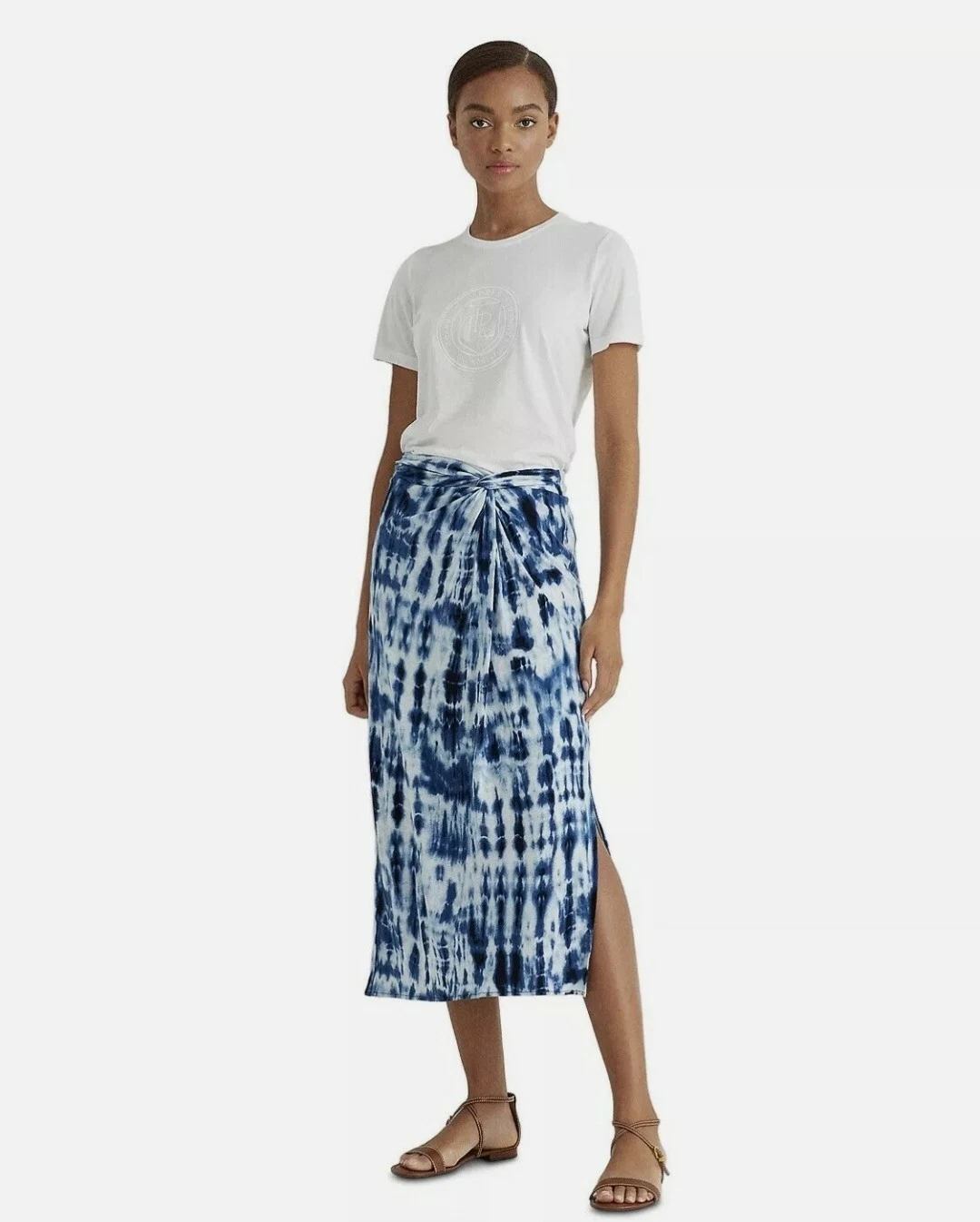 Lauren RALPH LAUREN Womens MEDIUM Tie Dye SKIRT Midi Zipper Blue LINEN BLND NWOT