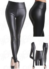 Ladies High Waist Normal Black Faux Leather Leggings Wet Look Shiny Stretchy Big
