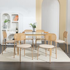 120cm Rectangular Glass Dining Table and Rattan Chairs Set Upholstered Cane