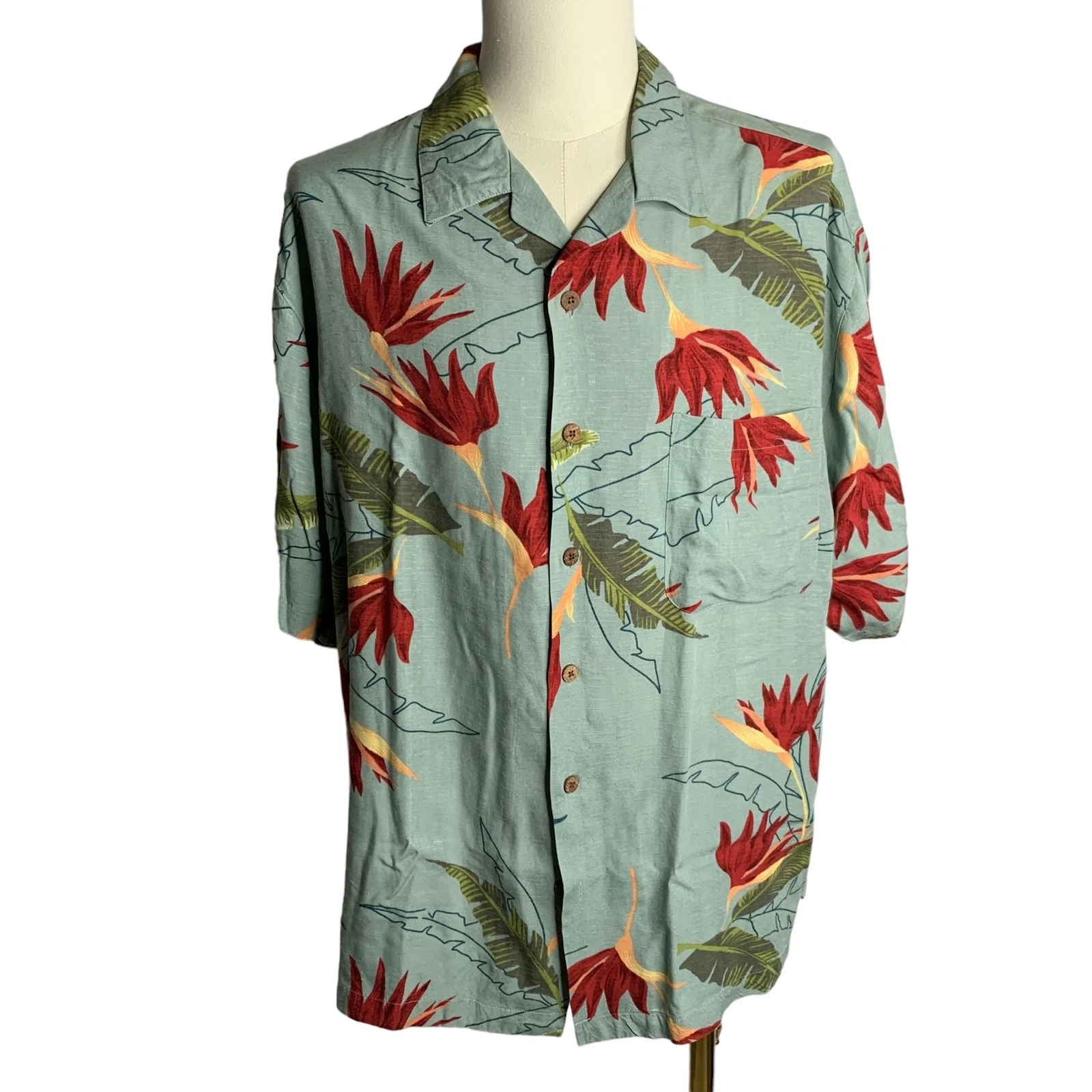Island Sport Button Up Hawaiian Camp Shirt L Green Floral Short Sleeve Pocket