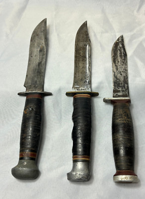 Vtg Fighting Knife Lot Of 3 Fixed Blade Stacked Leather Handle One Kabar