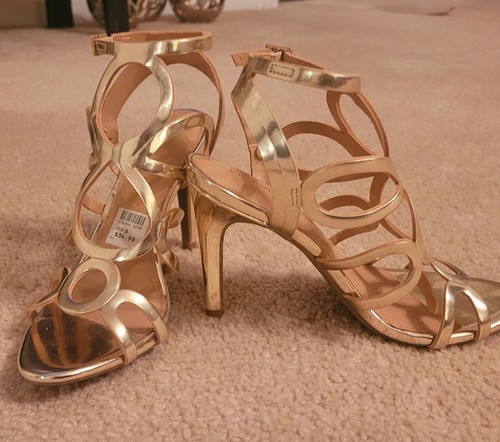 Christian Siriano KoKo Hold Chomp Out Gold Metallic Strappy Stilettos Sz 6 - Picture 8 of 8