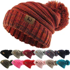 Chunky Cable Knit Slouch Pom Beanie Oversized Hanging Women Ski Hat Winter