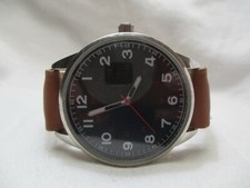 Wristwatch Silver Tone Round Black Face Brown Buckle Band Simple Stylish