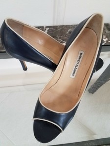 navy and cream heels