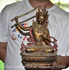 11.2" Old Chinese Bronze Gilt Wenshu Kwan-yin Guan yin Goddess Statue