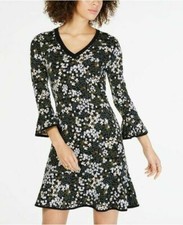 NWT $98 Michael Kors Floral Printed Flounced Hem Dress Black / Ivy L