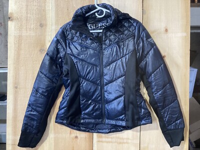 Guess Puffer Jacket Womens Large Navy Full Zip Coat Hood Designer Casual