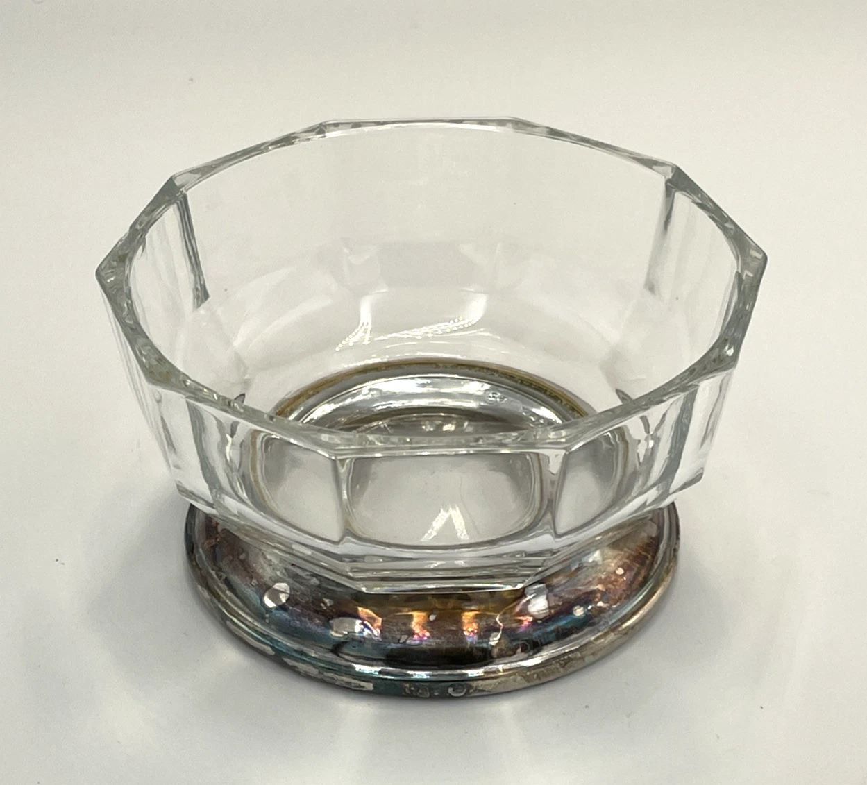 Vintage Glass Bowl 10-Sided Panel Footed Made in Italy Silver Toned Metal Base - Picture 1 of 5
