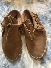 Vintage Leather Brown Suede Fringe Moccasins Lace Up Size 8 Women