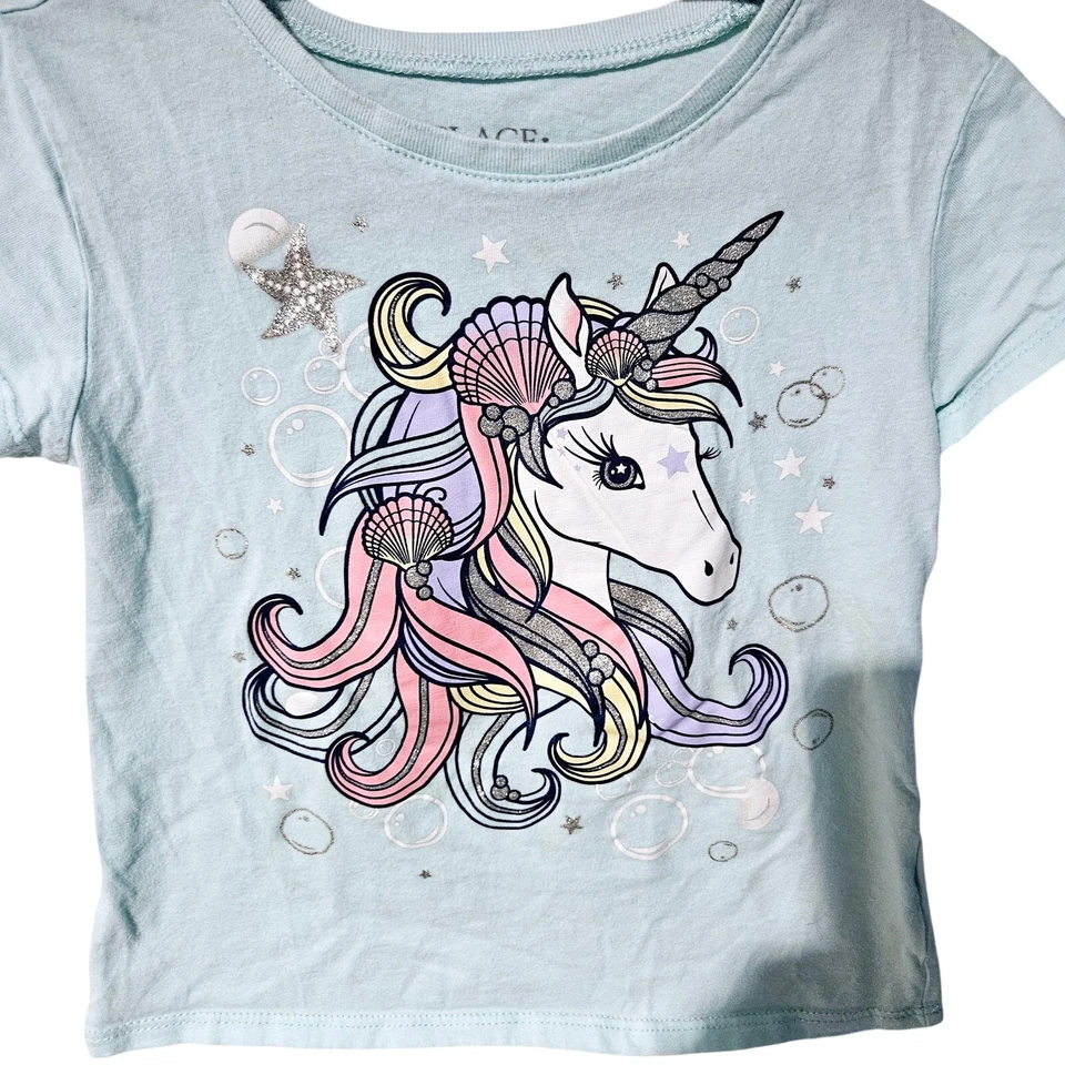 The Childrens Place Girls XS Short Sleeve Rainbow Unicorn Tee Shirt Pastel Blue - Image 2 of 4