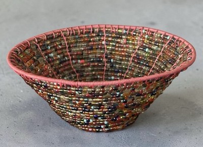 Handcrafted Balinese Basket w/Rainbow Colour Beads on Wire Planter Pot Gift Idea