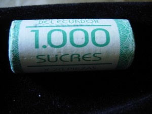 (20) 1997 Ecuador 1000 Sucres - Unopened OBW roll of (20) Gem BU Coins! UNIQUE!!